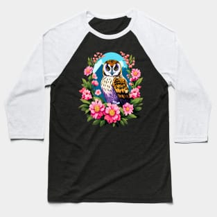 A Cute Short Eared Owl Surrounded by Bold Vibrant Spring Flowers Baseball T-Shirt